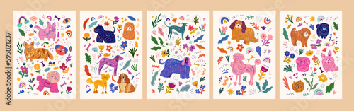 Beautiful flower collection of posters with dogs, flowers and leaves. Notebook covers. Baby posters and cards with dogs and flowers pattern. Nursery baby illustrations.