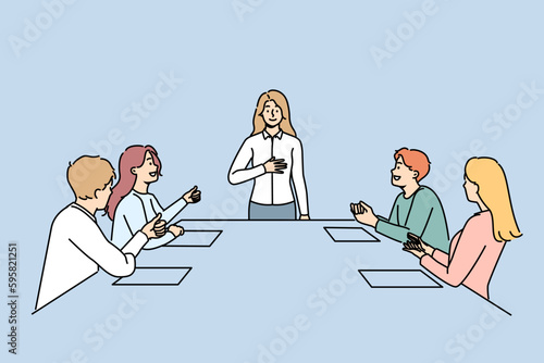 Smiling businesswoman thank audience for applause at business meeting. Happy employees applaud confident female boss at office presentation. Vector illustration. 