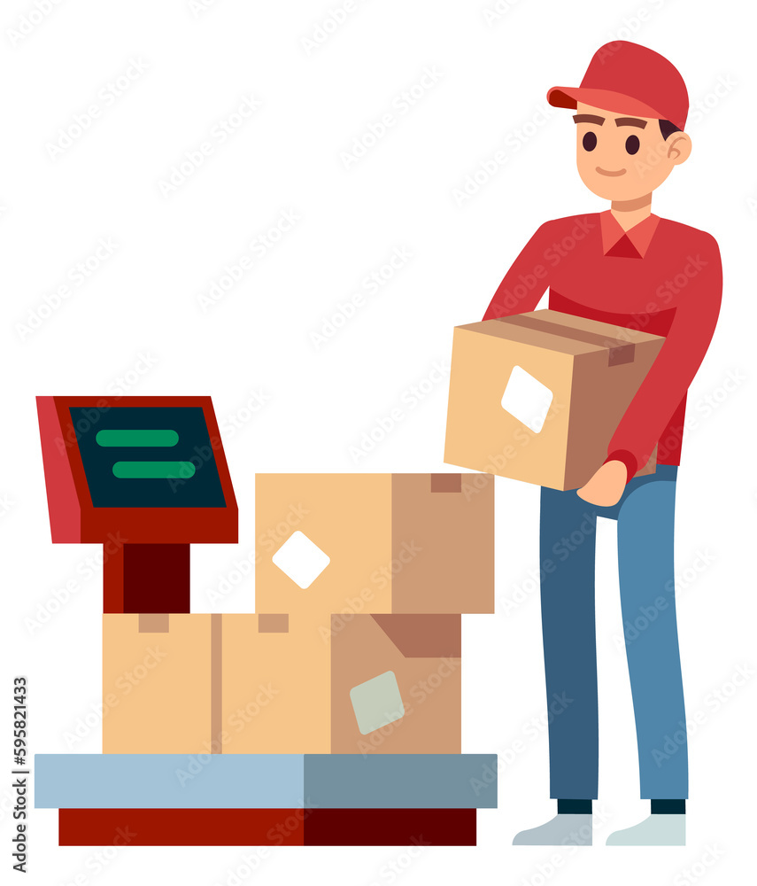 Man measuring cargo weight on electronic industrial scale Man measuring cargo weight on electronic industrial scale