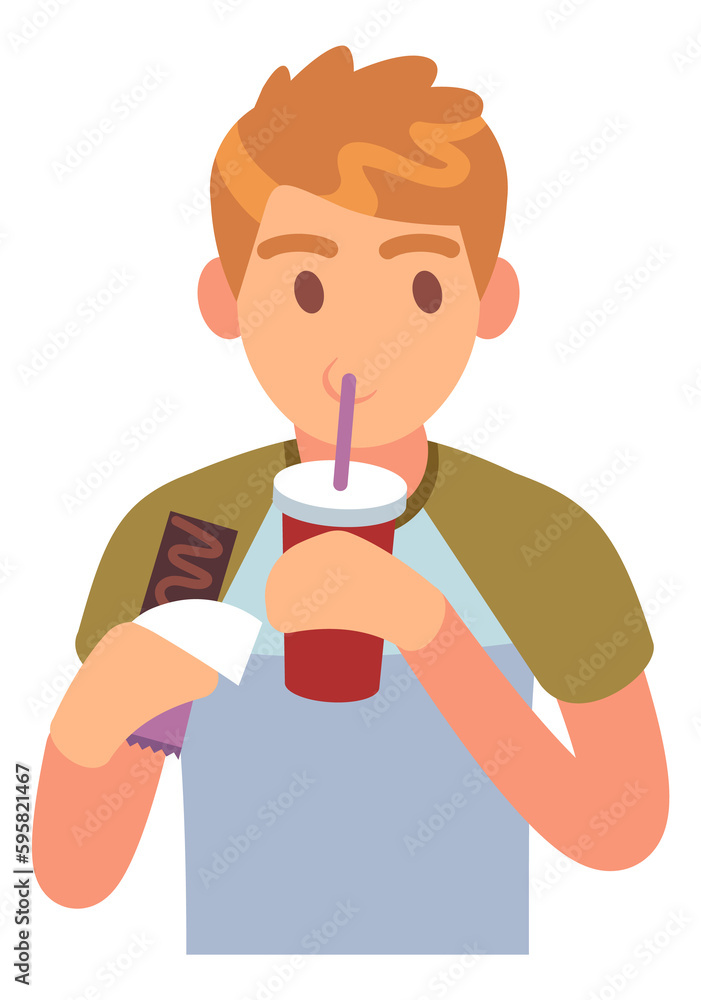 Boy eating chocolate bar and drinking coffee. Snack food Boy eating chocolate bar and drinking coffee. Snack food