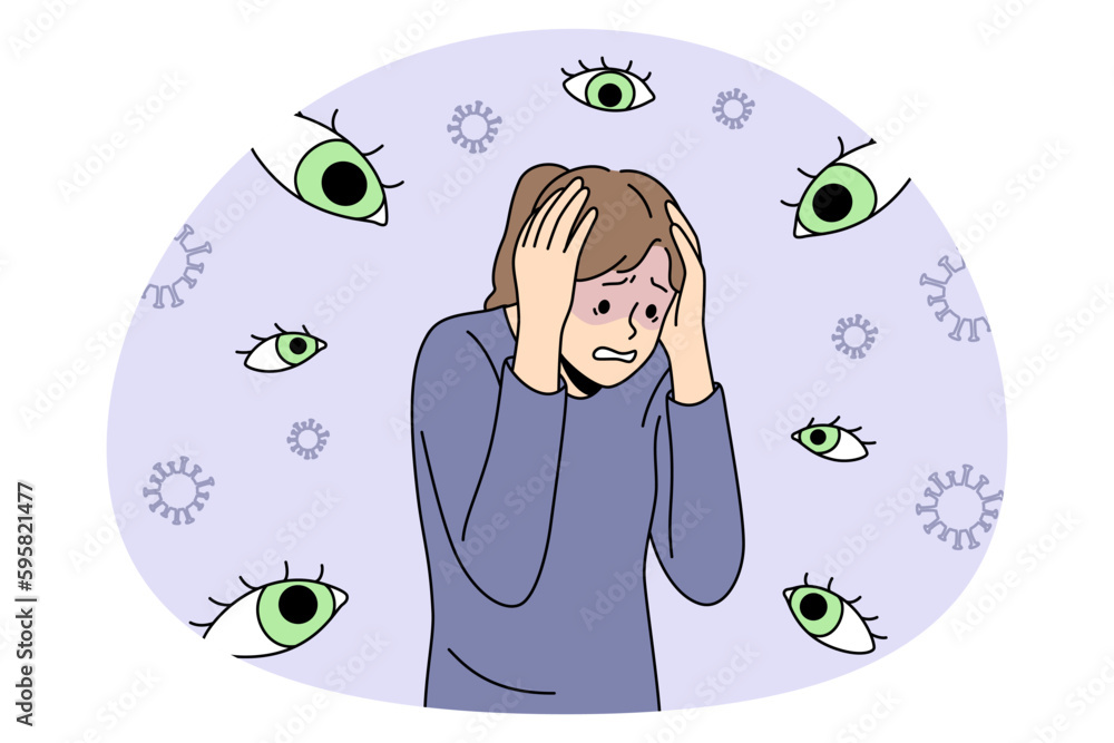 Panic of chase and Inner fears concept. Young stressed woman standing