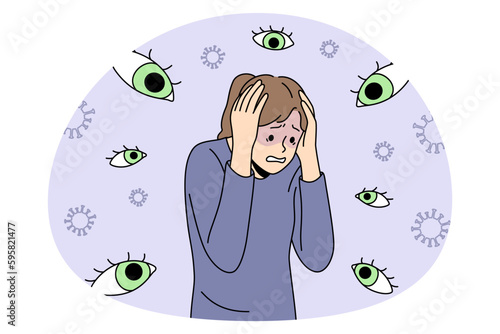 Panic of chase and Inner fears concept. Young stressed woman standing feeling invisible eyes around her feeling panic and nervous problems vector illustration