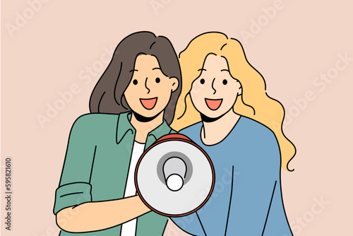 Smiling women with megaphone in hands announce good deal or offer. Happy girls scream in loudspeaker tell about sale or promotion. Vector illustration. 