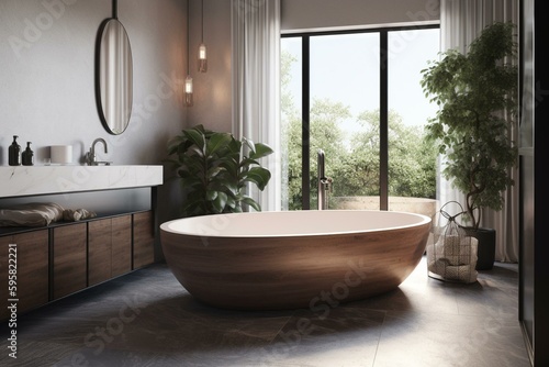 Modern bathroom design featuring a standalone tub. 3D rendered. Generative AI