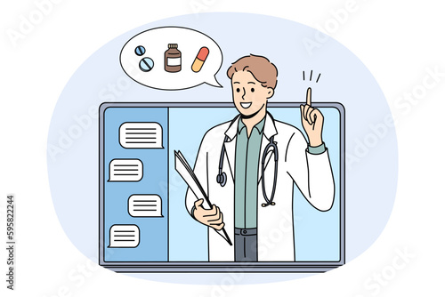 Online drugstore and pharmacy concept. Young smiling doctor pharmacist standing and showing pointing at drugs treatment online from laptop screen vector illustration