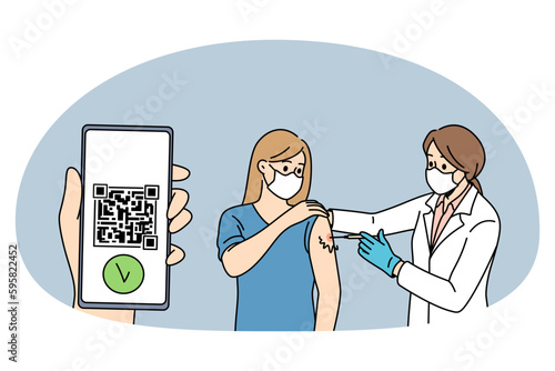 Vaccination passport and immunization concept. Young woman getting vaccinated with syringe from doctor and having passport from covid-19 vector illustration