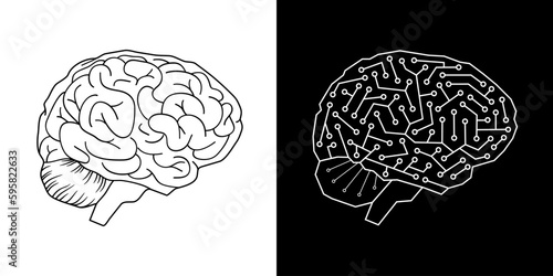 2 icônes - un cerveau humain aux contours noirs et un cerveau constitué de microprocesseur pour symboliser l’intelligence artificielle ( IA ) aux contours blancs sur un fond noir. photo
