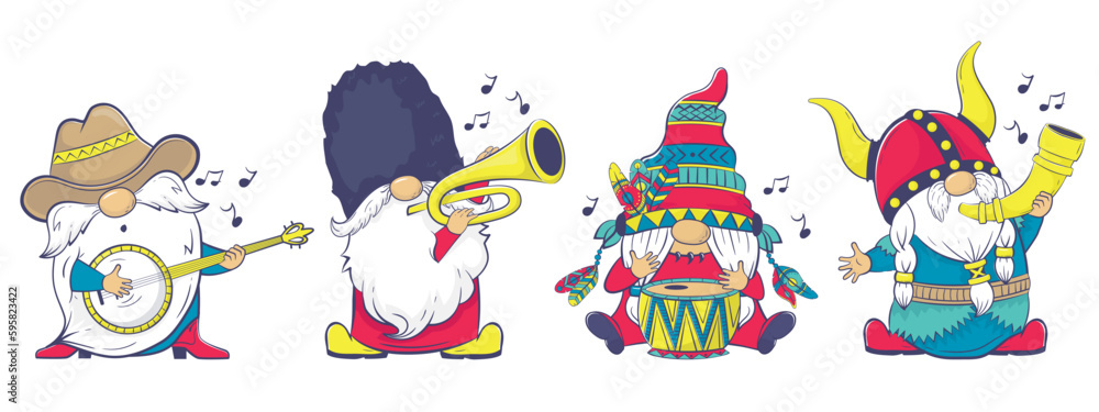 Fototapeta premium The International Gnome Band clipart. Musical Gnomes in National Costumes