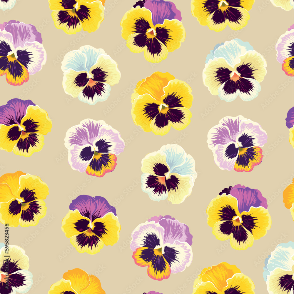 Seamless pattern with pink and yellow pansies