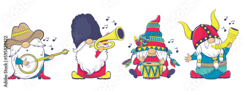 The International Gnome Band clipart. Musical Gnomes in National Costumes
