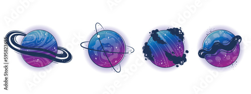 Collection of Fantastic alien planets, moons and moons, magical fantasy world, space objects in gradient colors with bubbles, rings for custom space game. Magic colorful universe