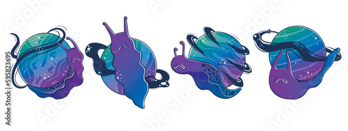 Clipart collection with Mystical slug snails with a space planet instead of a shell-house