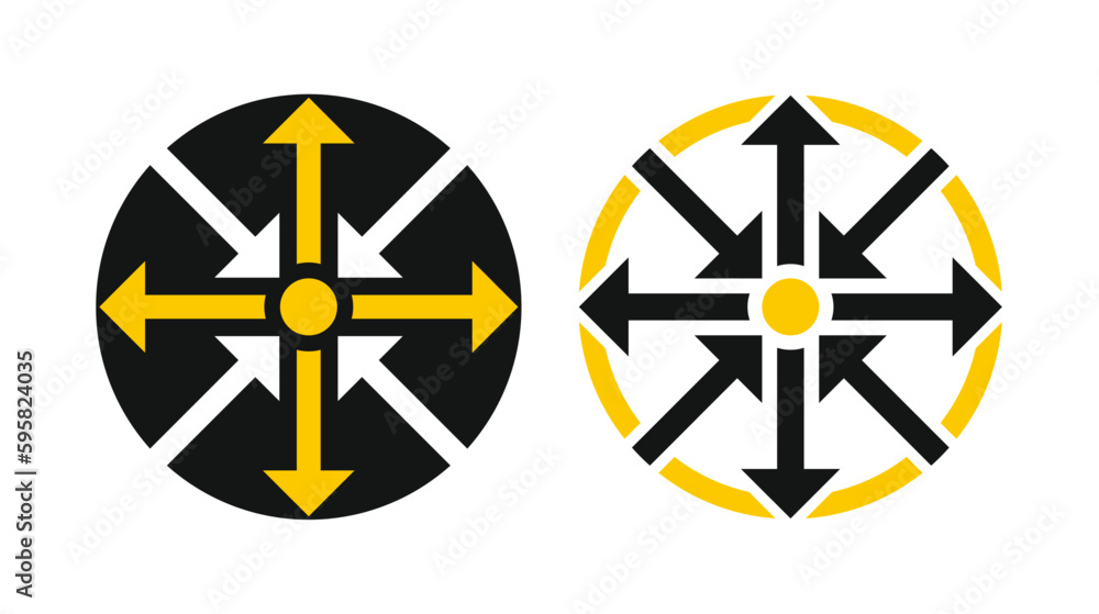 Symbol of expansion and contract, inward and outward arrows in circular, black and white vector illustration, an abstract geometric background Symbol of expansion and contract, inward and outward arrows in circular, black and white vector illustration, an abstract geometric background