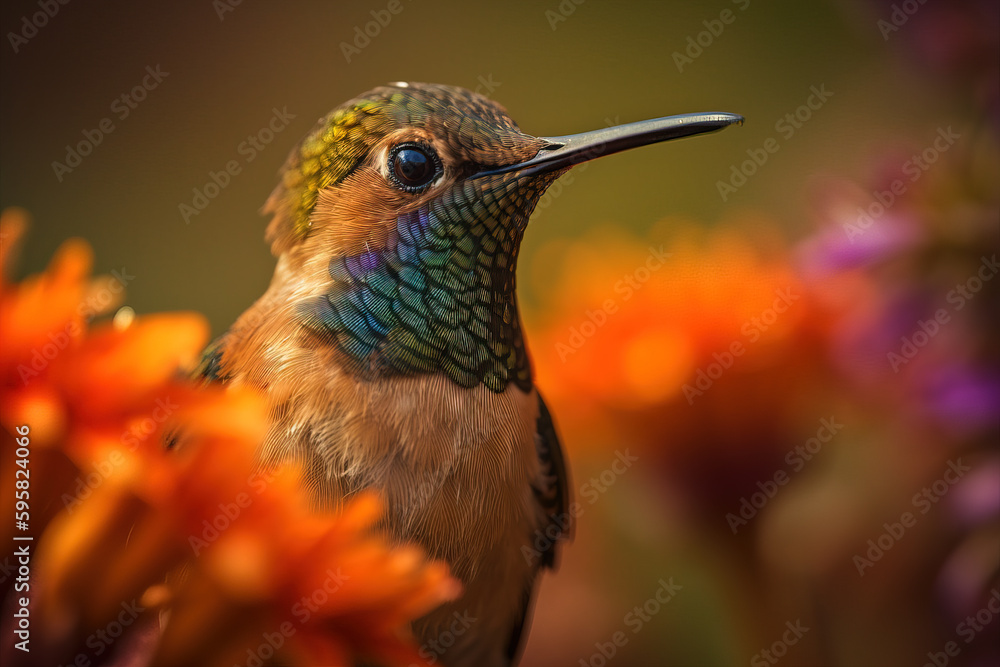 Hummingbird resting with flowers. generative AI Hummingbird resting with flowers. generative AI