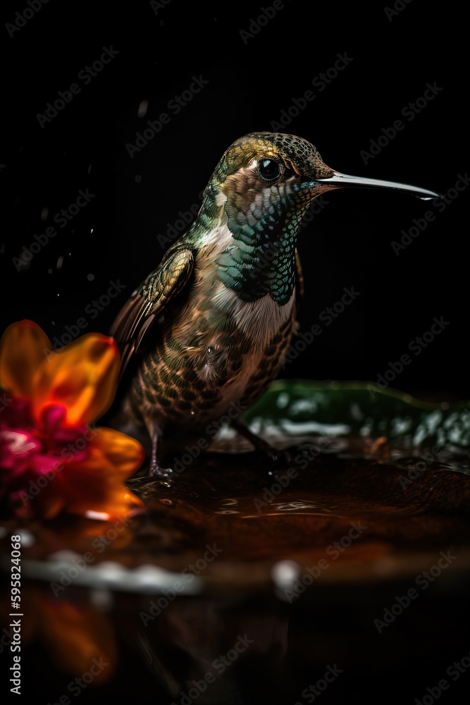 Naklejka premium Hummingbird resting with flowers. generative AI