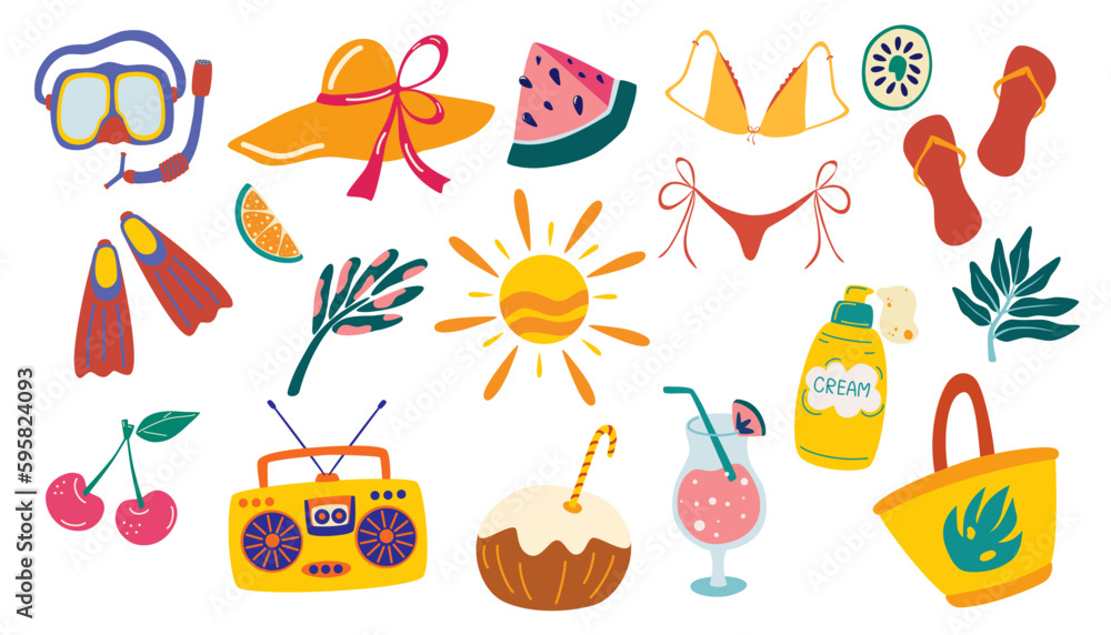 Summer items collection. Sunscreen, snorkeling mask and snorkel, travel car, surfboard, slippers, ice cream, ukulele, exotic fruits. Doodle cartoon vector illustration