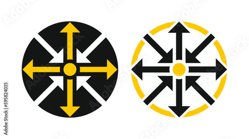 Symbol of expansion and contract, inward and outward arrows in circular, black and white vector illustration, an abstract geometric background	
