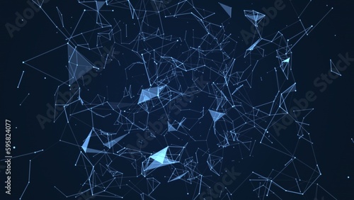 Abstract background of geometric shapes. Connections in the form of lines and faces between points in space on a blue background. 3D render.