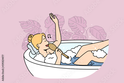 Happy woman lying in bathtub relaxing singing with brush. Smiling girl rest in bath with bubbles enjoy spa day at home. Hygiene and wellness. Vector illustration. 