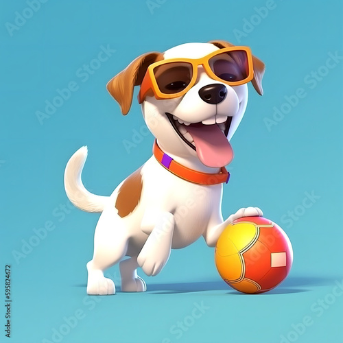 White dog with brown spots wearing sunglasses in front of a background smiling and playing with a red and yellow ball. AI generated. 