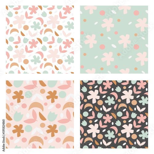 Colorful floral minimalistic primitive pattern set. Textile design.