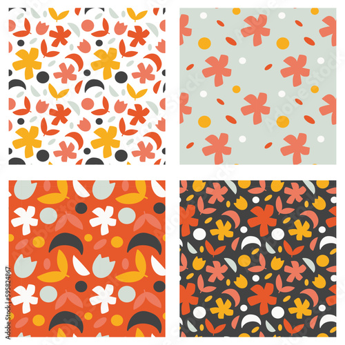 Colorful floral minimalistic primitive pattern set. Textile design.
