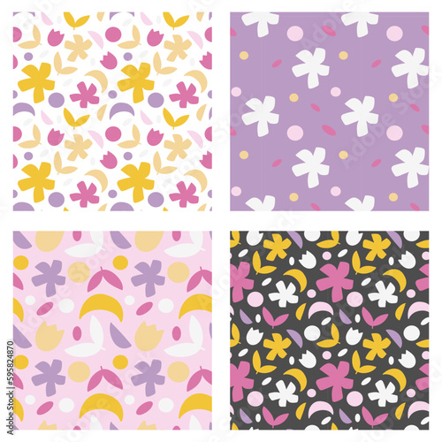 Colorful floral minimalistic primitive pattern set. Textile design.