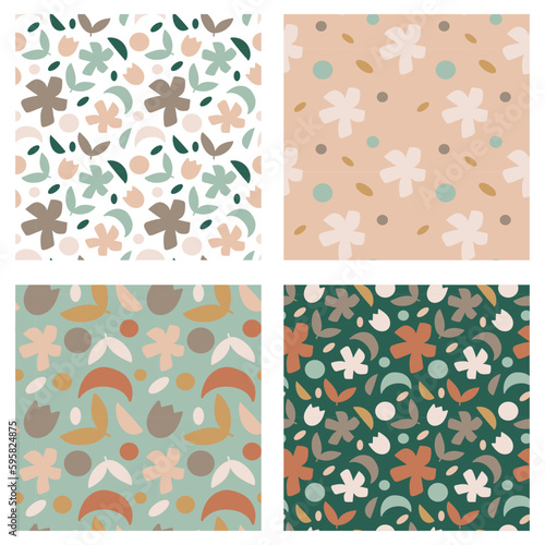 Colorful floral minimalistic primitive pattern set. Textile design.