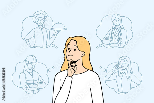 Smiling woman with occupations in speech bubbles think of career option. Happy girl decide choose profession. Vector illustration. 