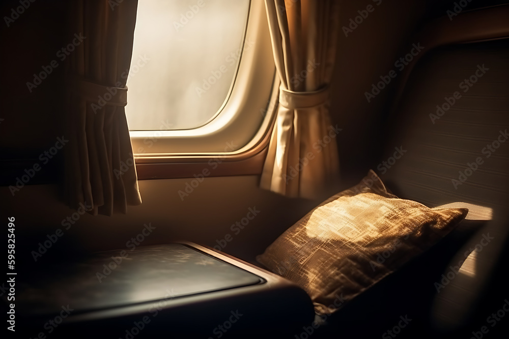 An airplane seat and window at sunset with luxury leather seat, generative ai
