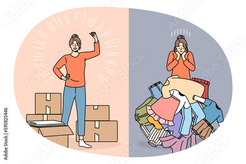 Tiding up and packing concept. Stressed frustrated girl with messy much clothes asking for help and strong one feeling positive with packed boxes vector illustration