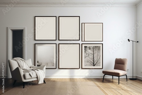 Empty frame on white wall, contemporary living space, three vertical templates for art and canvas. Generative AI