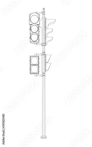 Traffic light outline from black lines isolated on white background. 3D. Vector illustration.