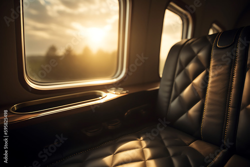 An airplane seat and window at sunset with luxury leather seat, generative ai