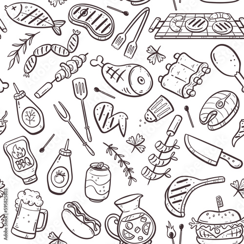 Barbecue party seamless pattern with meat, burgers, sausages, and barbecue utensils. Isolated doodle elements on white background. Hand-drawn vector illustration.