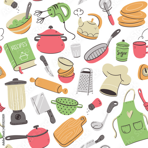 Kitchen tools and appliances seamless pattern. Cute illustration with isolated cooking objects in vector format. Kitchen utensils background.