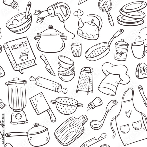 Kitchen tools and appliances doodle seamless pattern. Cute illustration with isolated cooking objects in vector format. Kitchen utensils background.