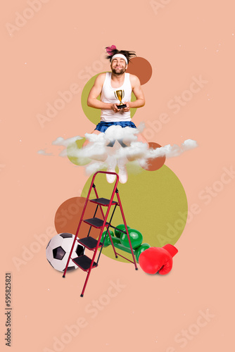 Collage illustration sketch artwork of cheerful positive man win first place hold award cup celebrate success isolated painting background