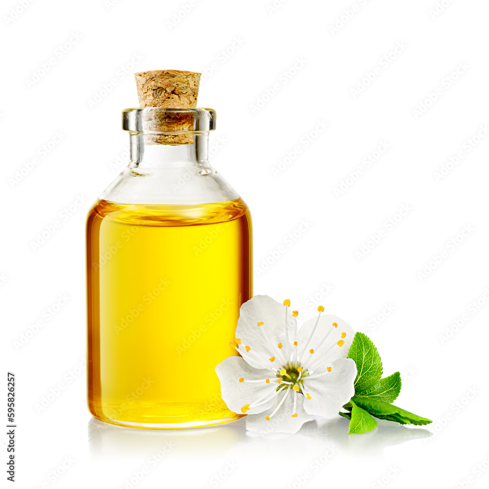 Transparent bottle with flower and yellow essential oil isolated. Transparent PNG image. - obrazy, fototapety, plakaty 