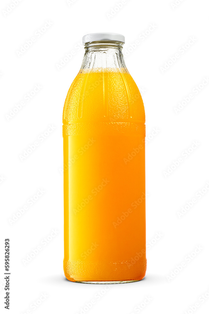 Orange juice glass bottle with twist off screw cap isolated