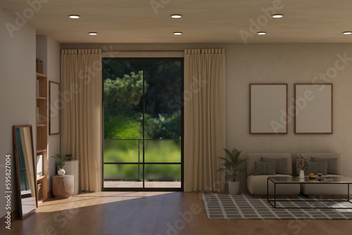 Interior design of a cozy contemporary spacious living room with home decor and balcony