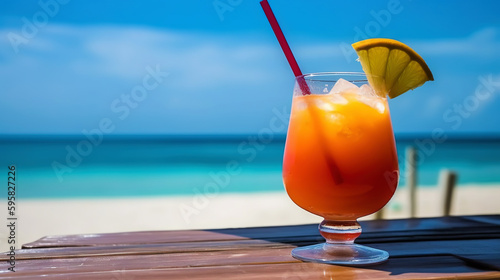 Mexican Bulldog cocktail on background with blue sea and sky tropical background. Generative AI