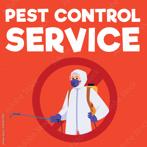 Pest control service advertising poster, man in protective suit and spray - flat vector illustration.