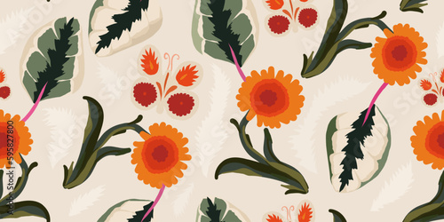 Hand drawn floral ethnic style pattern with butterflies. Dynamic abstract fashionable template for design.