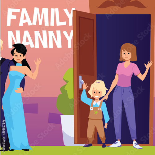 Squared banner about family nanny flat style, vector illustration