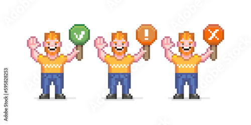 Colorful simple vector pixel art set of three cartoon smiling guys holding green, orange, red different level signs of access in retro platformer style