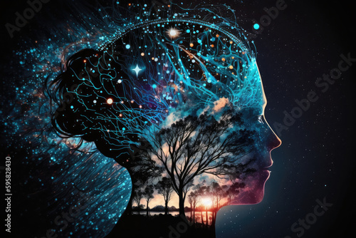 Meditation concept with human head silhouette glowing esoteric neurons in brain AI generated