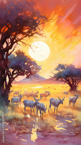 Watercolor painting that shows a herd of antelopes walking in front of the sunset across the savannah - ai generative