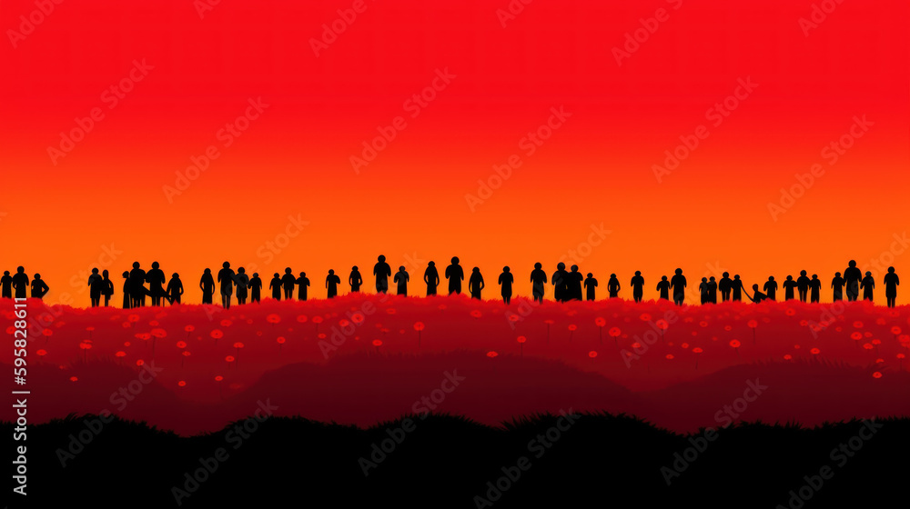 Fototapeta premium Remembrance Day. Silhouettes of soldiers at poppy field created with generative AI technology