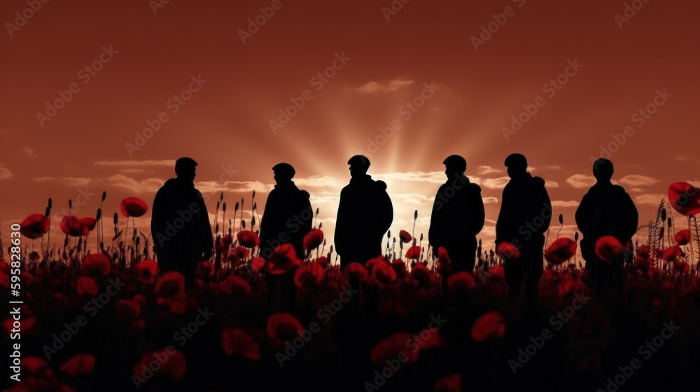 Remembrance Day. Silhouettes of soldiers at poppy field created with generative AI technology
